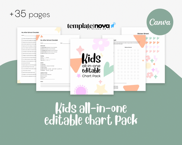 Kids All in One Editable Chart Pack: Chores, Rewards, Routines & More Canva Template