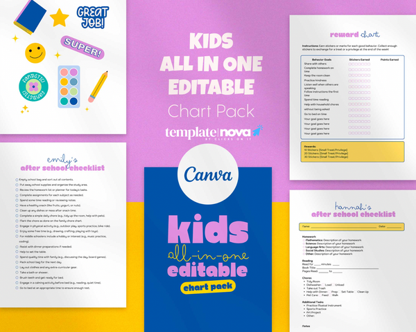 Kids All in One 23 Editable Chart Pack Chores, Rewards, Routines & More!