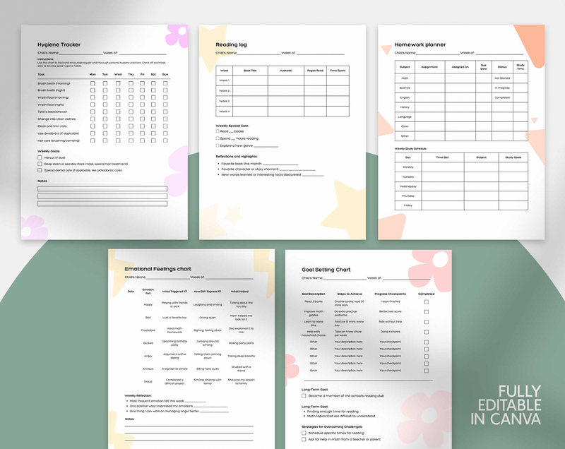 Kids All in One Editable Chart Pack: Chores, Rewards, Routines & More Canva Template