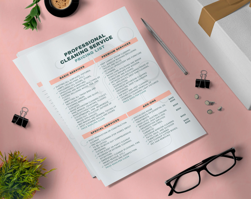 Professional Cleaning Service Pricing List Canva Template