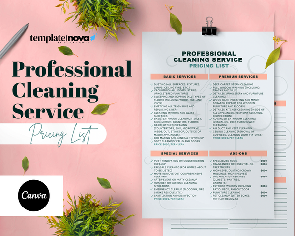 Professional Cleaning Service Pricing List Canva Template
